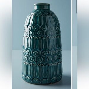 Anthropologie Teal Floral Vase